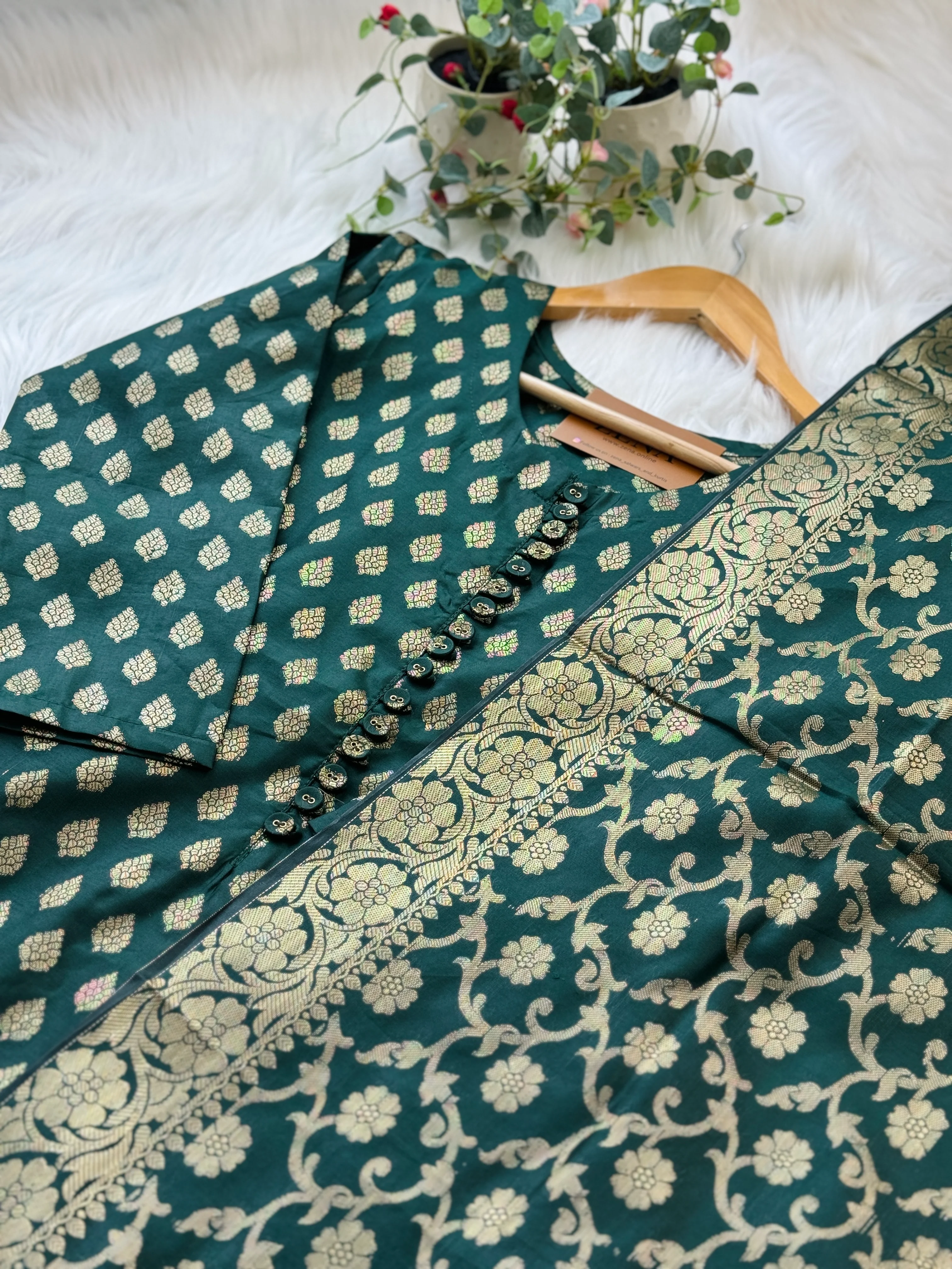 Semi Silk Banarasi Work Kurti Set – Elegant Festive Wear - Image 3