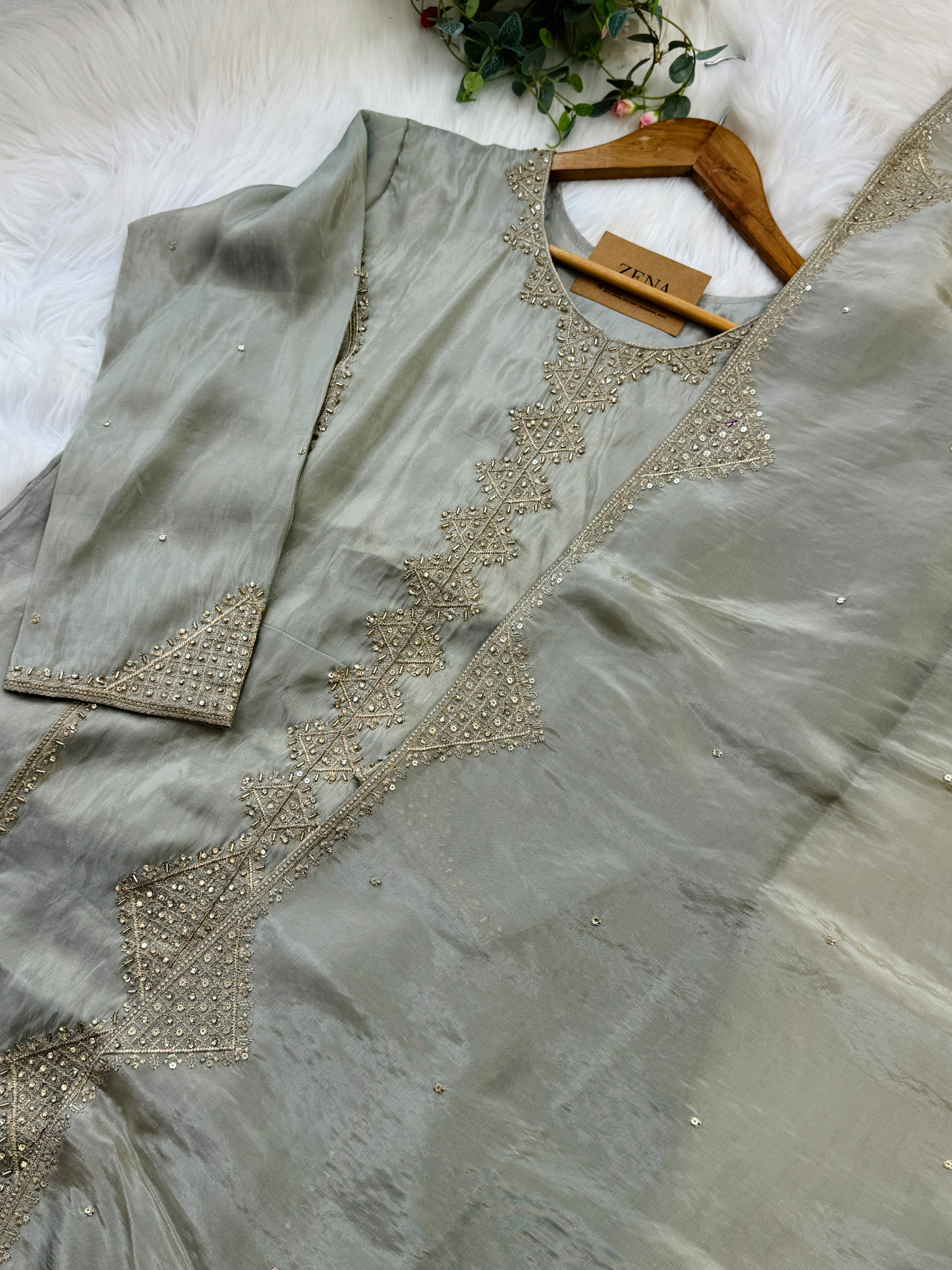 Tissue Silk Handwork Partywear Suit - Image 4